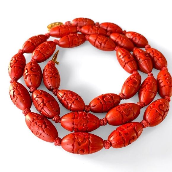 Vintage Chinese Carved Cinnabar Bead Necklace - Picture 1 of 6